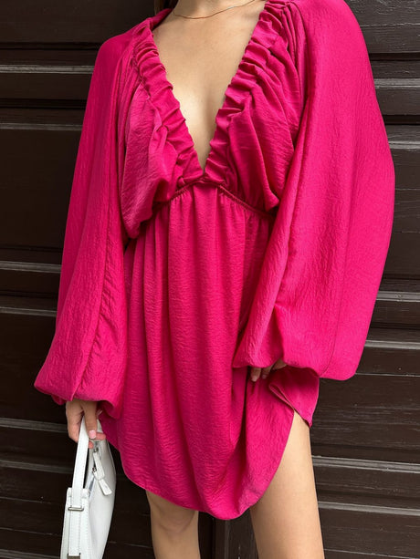 Pleated V-neck Puff Sleeves Large Skirt High-waisted Mini&Short Dresses