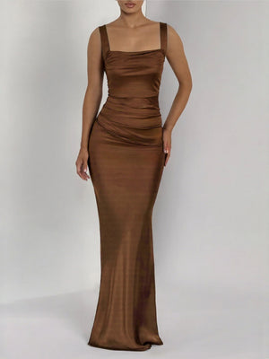 Satin Pleats Formal Dress Dinner Maxi Dresses