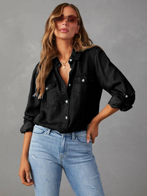 Lapel Single-breasted Long Sleeves Denim Shirt