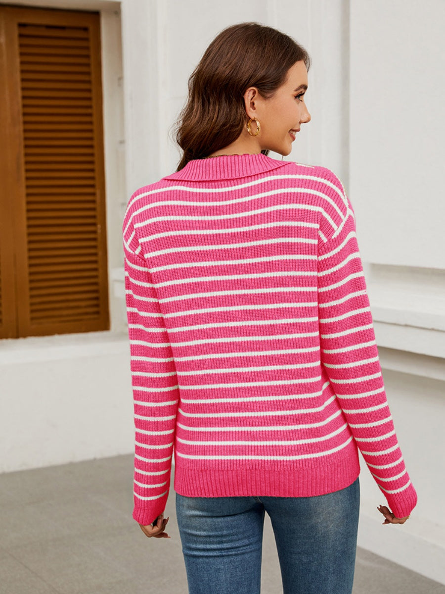 Liber Autumn Women's V-neck Contrasting colors Stripes Jacket Woolen