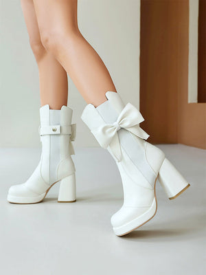 Platform Chunky Heel Bow Buckle Elastic Mid-calf Women's Boots