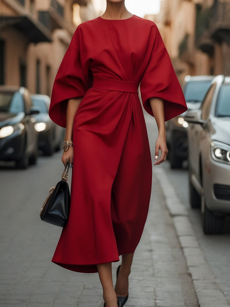 Solid Color Fitted Waist Dress, Casual Batwing Sleeve Long Skirt