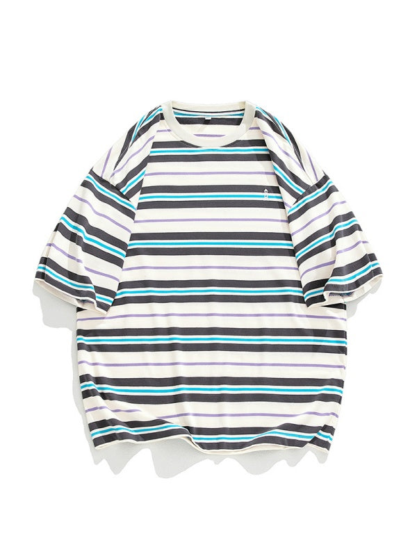Retro Color-blocked Stripes Loose-fit T-shirts