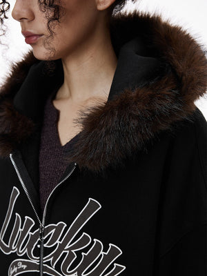 Hooded Embroidery Plush Collar Boxy Short Coat