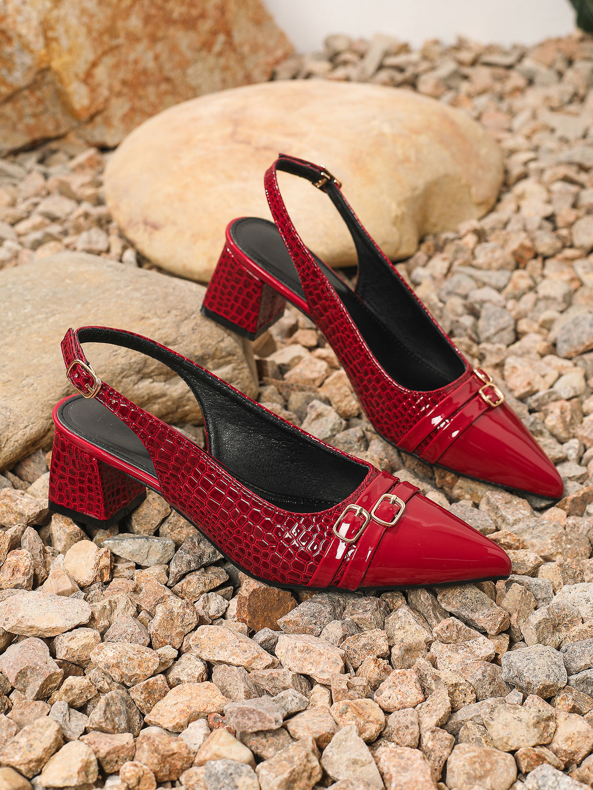 Pointed-toe Embossed Patchwork Open-back High Heels