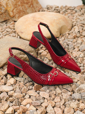 Pointed-toe Embossed Patchwork Open-back High Heels