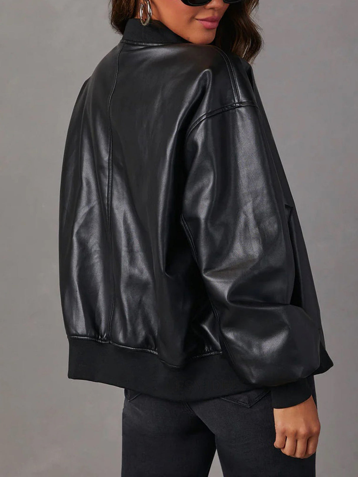 PU Leather Crew Neck Zip-up Baseball Jacket, Autumn/winter Long-sleeved Jacket, Leather Coat