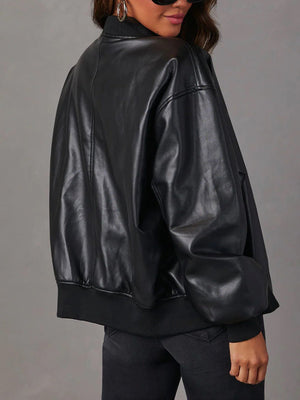 PU Leather Crew Neck Zip-up Baseball Jacket, Autumn/winter Long-sleeved Jacket, Leather Coat