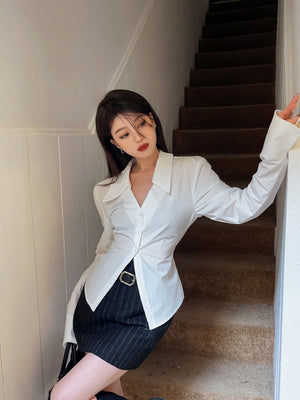 White Collared Long-sleeved Shirt For Women, Slim Fit, Waist-cinching Design, Unique And Stylish Top.