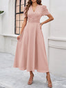 Pleated Waist Short Sleeve Maxi Dresses