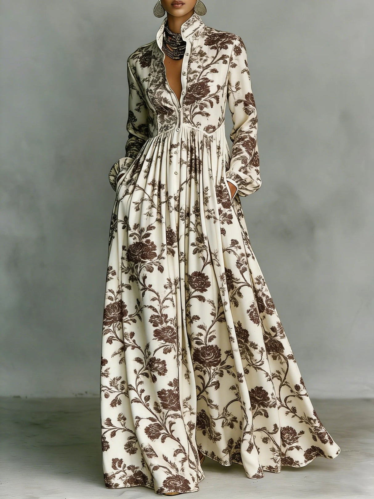Long-sleeved Printed Maxi Dress