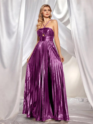 Metallic Strapless Style Crimp Slit Thin Strap Sleeveless Backless Cocktail Party Parties Formal Dress Long Dress