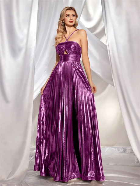 Metallic Strapless Style Crimp Slit Thin Strap Sleeveless Backless Cocktail Party Parties Formal Dress Long Dress