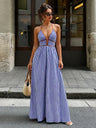 Stripes Backless V-neck Sleeveless Maxi Dresses