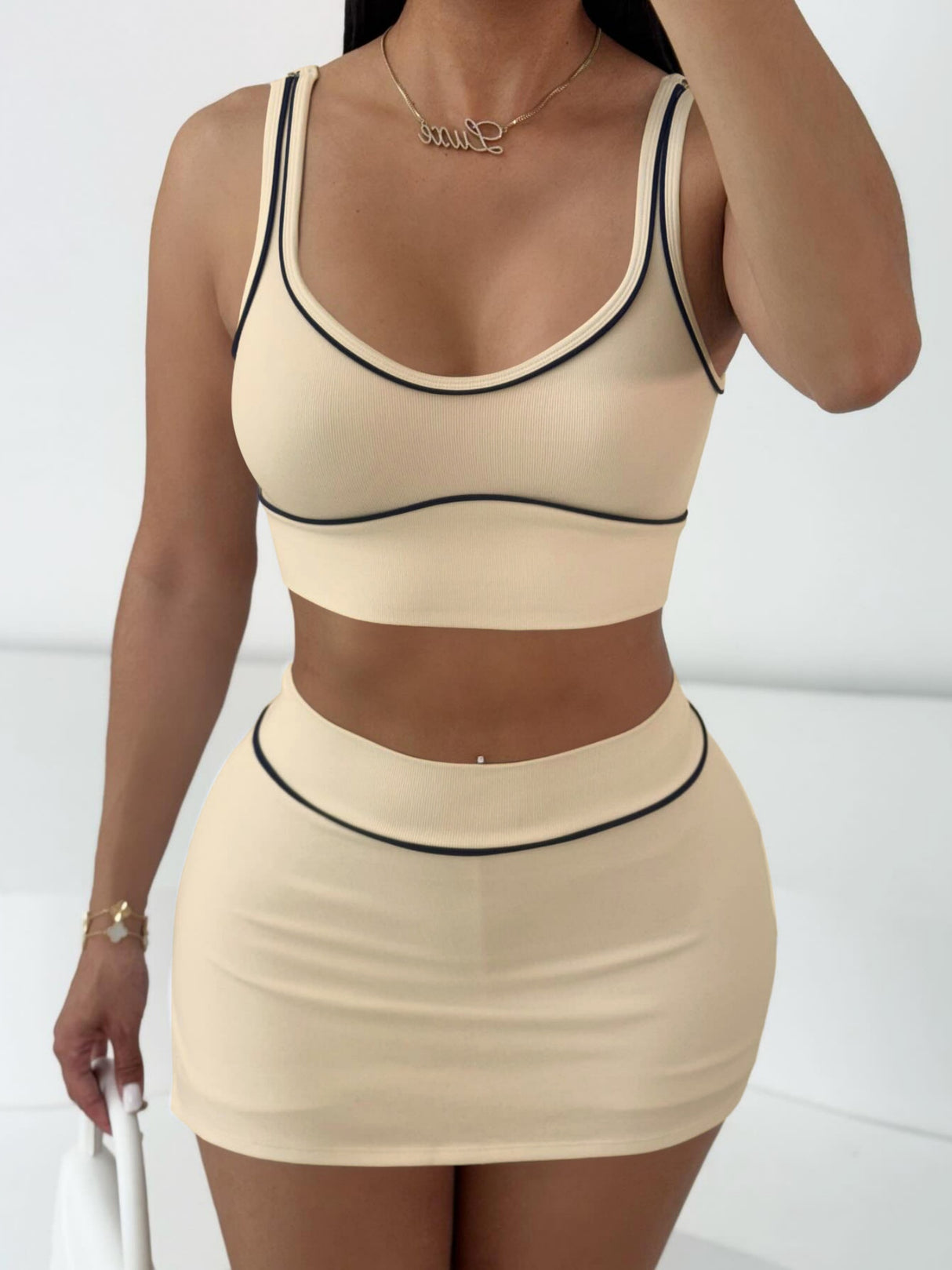 Color-blocked Yoga Crop Top Bodycon Mini Skirt 2-piece Sets