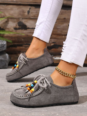 Lace-up Beaded Casual Suede Retro Round Toe Flat Shoes