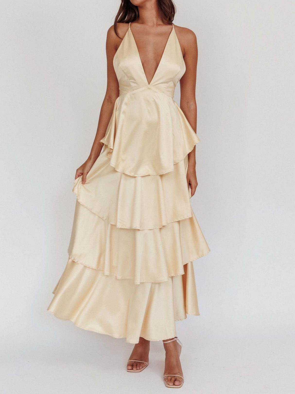 Ruffled Splicing Satin V-neck Tank Top Maxi Dresses
