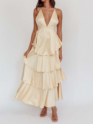 Ruffled Splicing Satin V-neck Tank Top Maxi Dresses