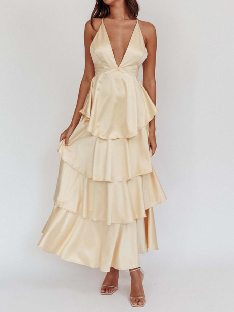 Ruffled Splicing Satin V-neck Tank Top Maxi Dresses
