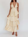 Ruffled Splicing Satin V-neck Tank Top Maxi Dresses