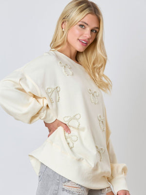 Christmas Pearl Bow Long Sleeve Top Casual Sweatshirt