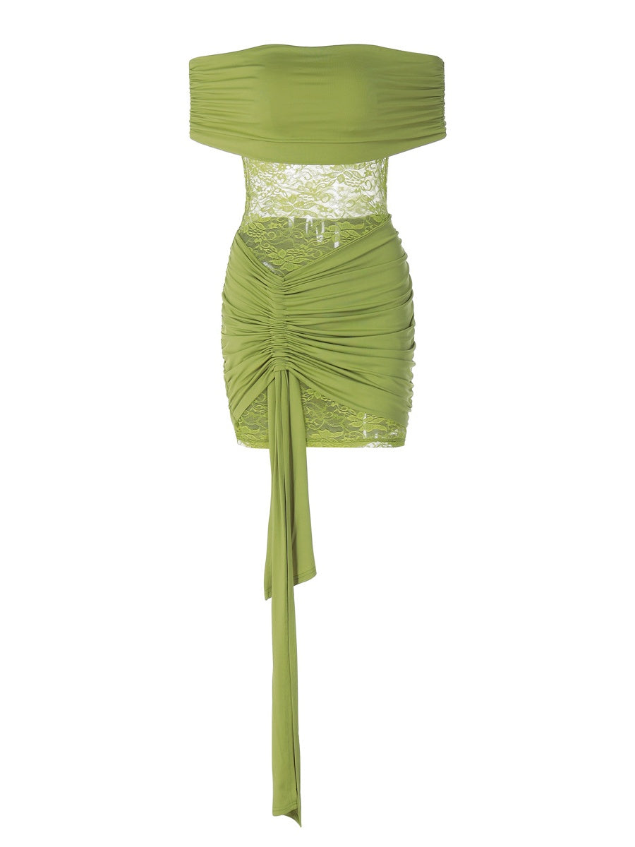 Off-the-shoulder Spliced Sheer Bodycon Short Dress With Straps