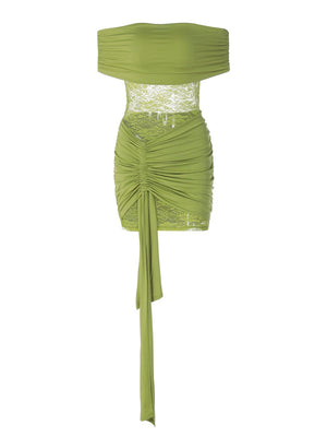 Off-the-shoulder Spliced Sheer Bodycon Short Dress With Straps