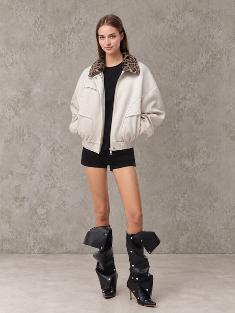 Color Block Leopard Print Long-Sleeved Coat