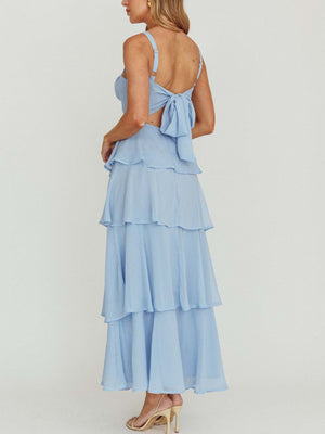 Pleated Splicing Sundress Lace-up Backless Sweet Maxi Dresses