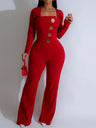 Metal Buttons U-neck Long Sleeve Jumpsuits