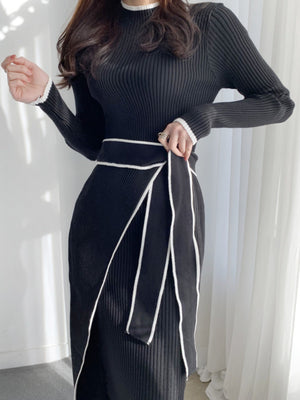 Half-high Collar, Ribbed, Slim-fitting, Color-blocked Mid-length Knitted Dress With Ties