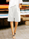 Button-down Cotton Linen Loose High-waisted Five-point Shorts