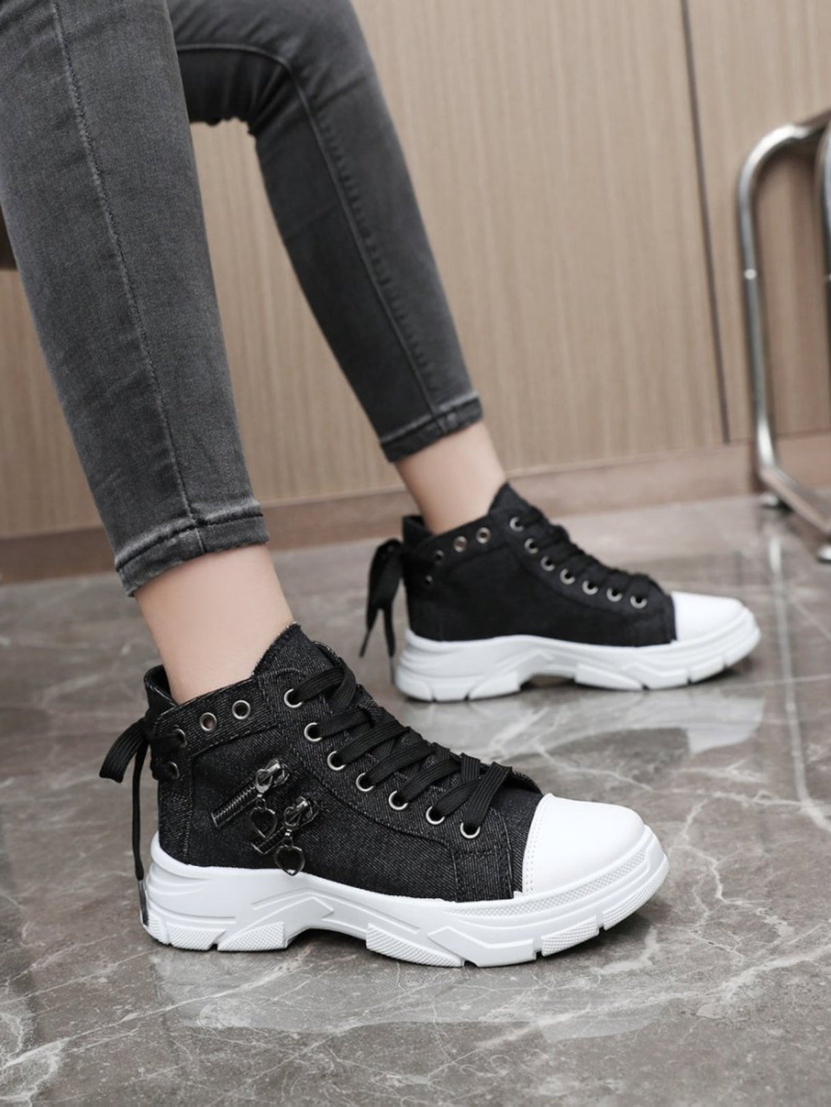 Heart Zipper Denim High-Top Casual Sneakers
