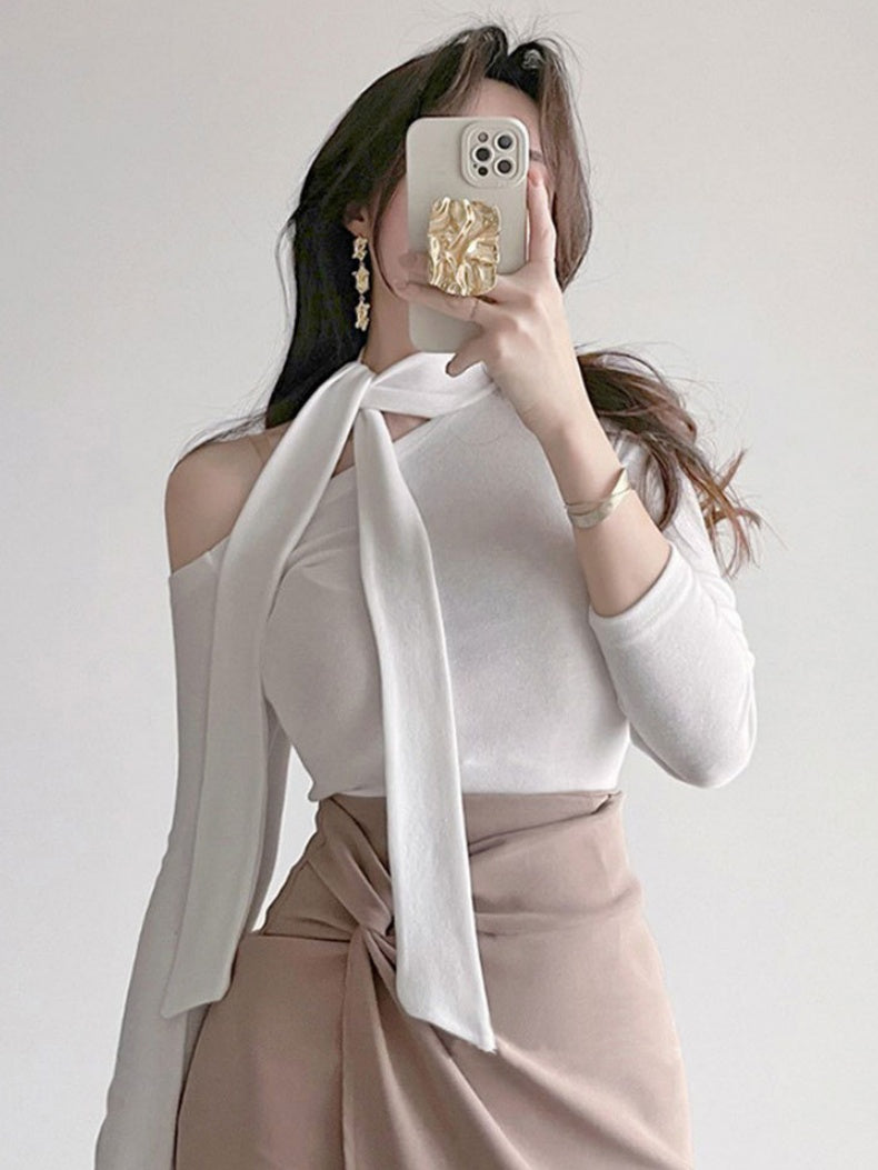 Elegant Tie-neck Fitted Long-sleeved T-shirt