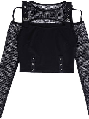 Y2K Hollow Out Off-shoulder Grid Splicing Long-sleeved T-shirt