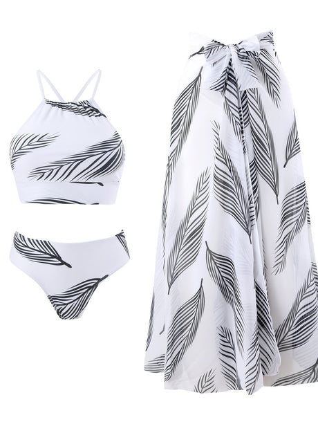 Feather Print Two-Piece Swimsuit With Sun Protection And Skirt (Three-Piece Set)