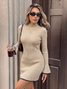 Slim-fit Knitted Long-sleeved Stand-collar Color-blocked Short Dress
