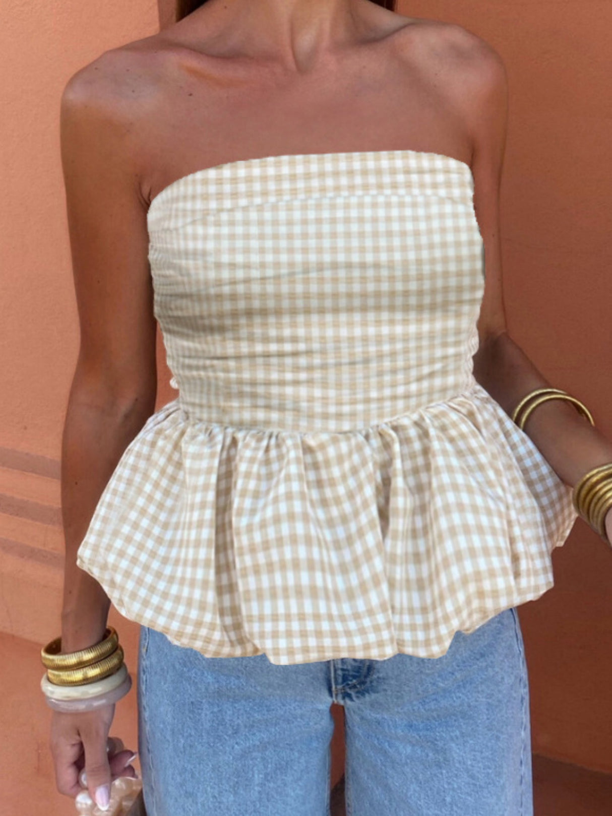 Plaid Splicing Ruffle Strapless Sweet Tank Tops&Camis