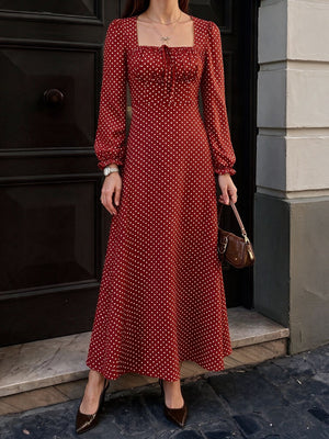Lace-up Zipper, Polka Dots Polka Dots Maxi Dresses