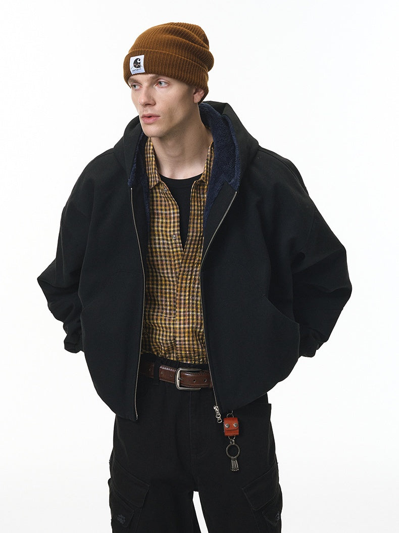 Short Plush Ins Contrasting Colors Hooded Zipper Jacket