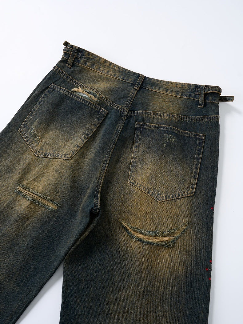 Retro Dirty Hole Red Diamond Distressed Jeans