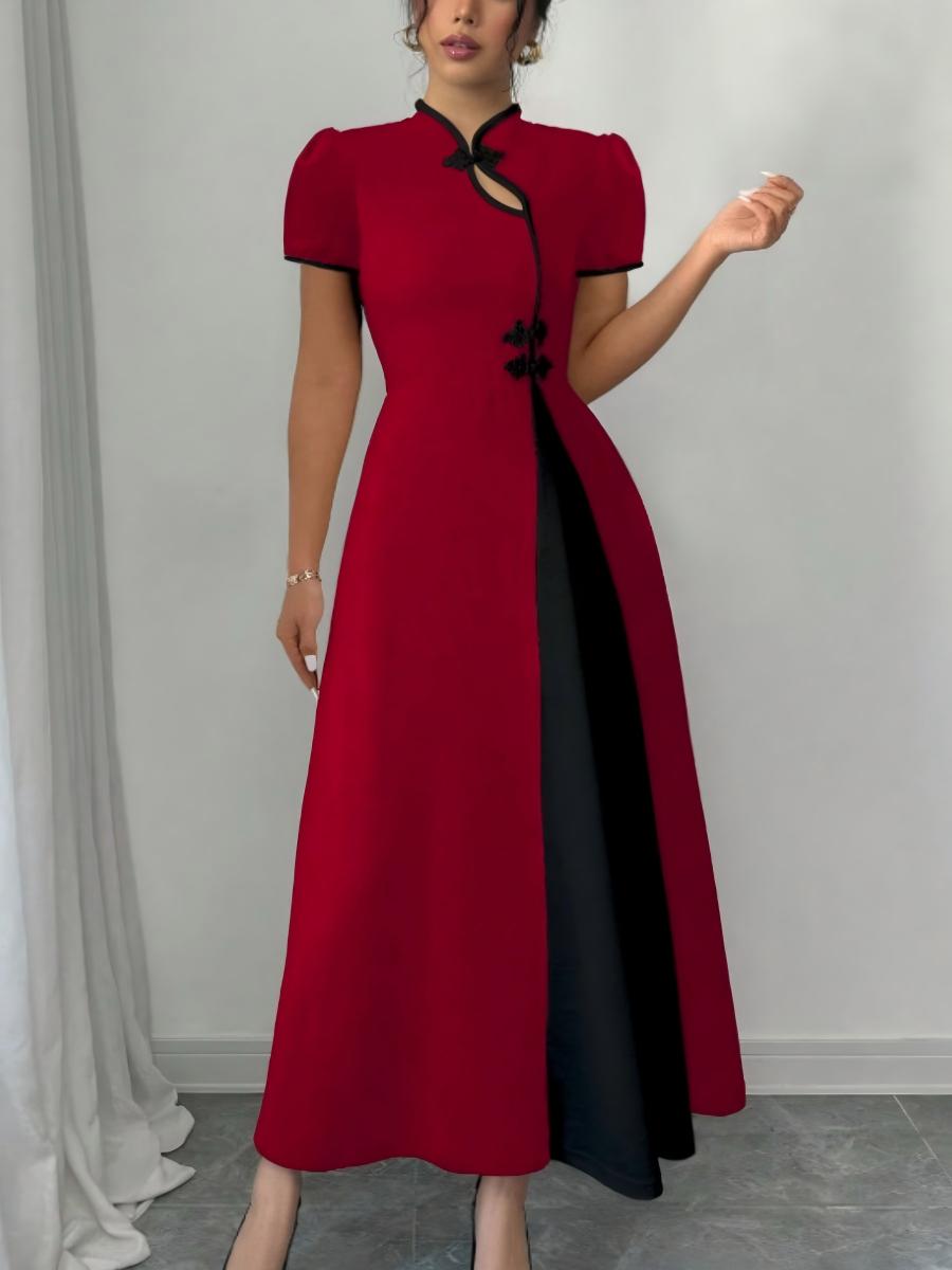 Long Dress With Puff Sleeves And Contrasting Chinese Knot Buttons