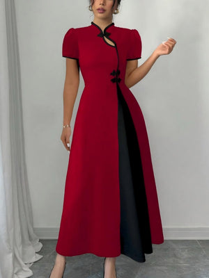 Long Dress With Puff Sleeves And Contrasting Chinese Knot Buttons