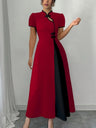 Long Dress With Puff Sleeves And Contrasting Chinese Knot Buttons
