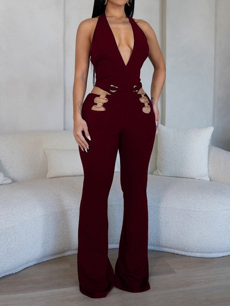 Deep V Waist Cutout Sleeveless Metal Buckle Jumpsuits