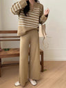 Stylish Two-piece Set: Loose Striped Knit Top, Casual High-waisted Wide-leg Knit Pants