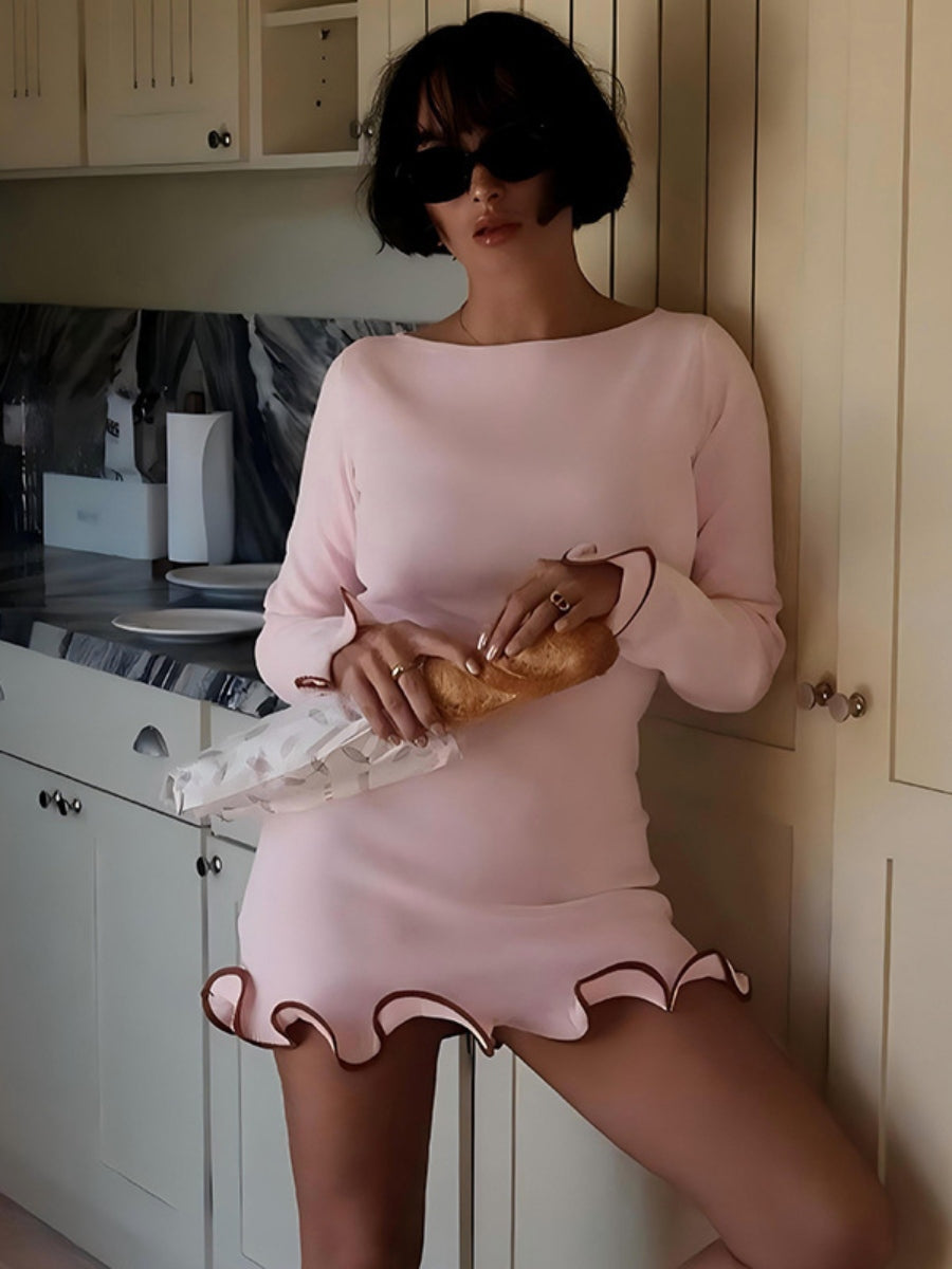 Elegant Solid Color Round Neck Long Sleeve Slim Fit Ruffle Dress