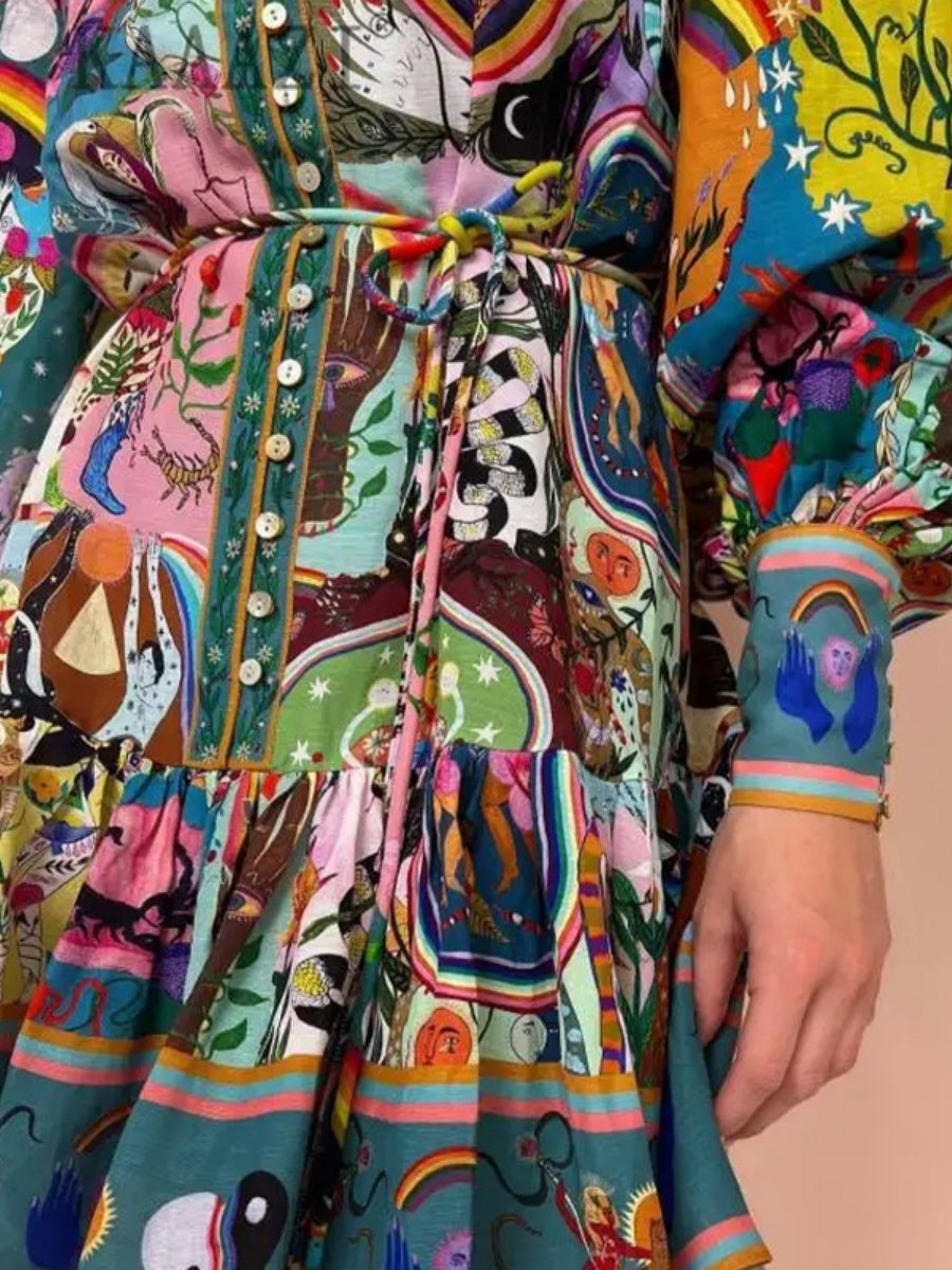 Painting Plants And Flowers Crew Neck Waist Lace Up Pleated Long Sleeve Mini&Short Dresses