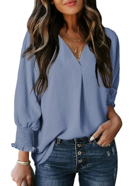 V-neck Long Sleeve Roll Up The Cuffs Shirt T-shirts