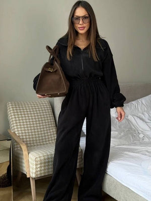 Liber Autumn women's one-piece suit solid color straight pants long-sleeved jumpsuit